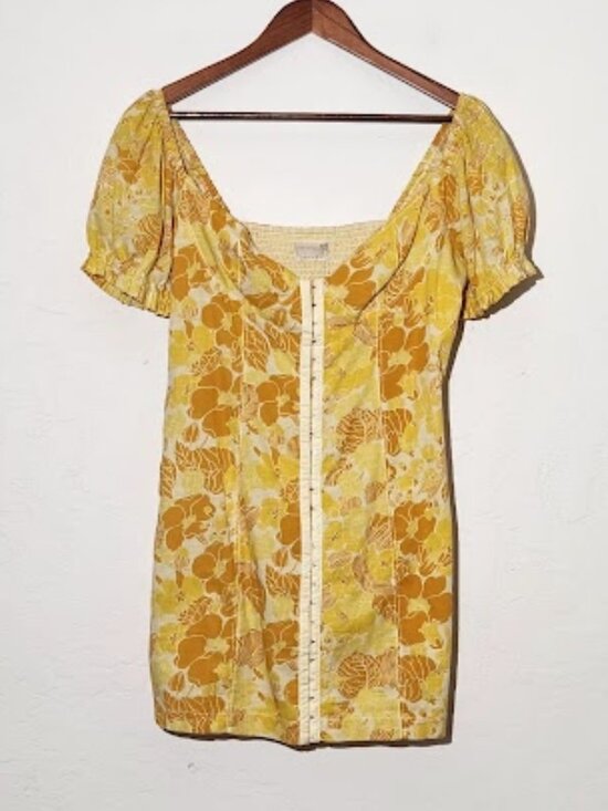 Urban Outfitters Dresses & Skirts - Urban Outfitters UO Britney Puff Sleeve Hook Eye Mini Dress Yellow Large NWT